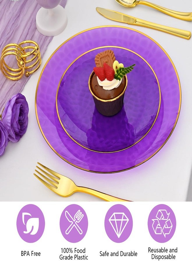 ISFANGCO 72Pcs Disposable Clear Purple Plastic Plates with Gold Rim, Purple Disposable Plates, Hammered Plastic Party Plate Includes 36 10.25" Dinner and 36 7.5" Dessert Plates for Party & Wedding - Image 4