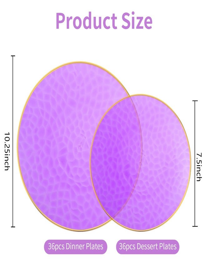 ISFANGCO 72Pcs Disposable Clear Purple Plastic Plates with Gold Rim, Purple Disposable Plates, Hammered Plastic Party Plate Includes 36 10.25" Dinner and 36 7.5" Dessert Plates for Party & Wedding - Image 2