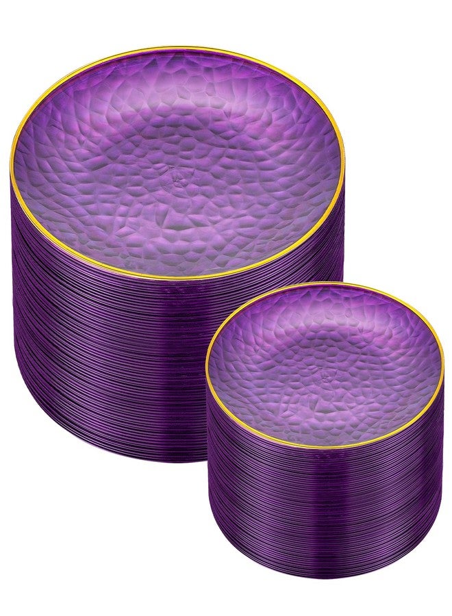 ISFANGCO 72Pcs Disposable Clear Purple Plastic Plates with Gold Rim, Purple Disposable Plates, Hammered Plastic Party Plate Includes 36 10.25" Dinner and 36 7.5" Dessert Plates for Party & Wedding - Image 1