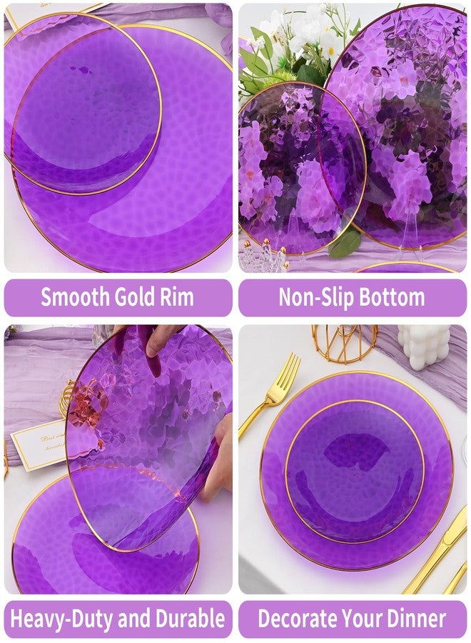 ISFANGCO 72Pcs Disposable Clear Purple Plastic Plates with Gold Rim, Purple Disposable Plates, Hammered Plastic Party Plate Includes 36 10.25" Dinner and 36 7.5" Dessert Plates for Party & Wedding - Image 5