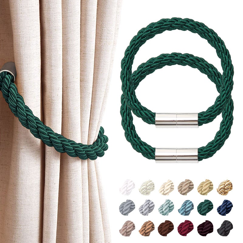 NICEEC 2 Pack Strong Magnetic Curtain Tiebacks Modern Simple Style Drape Tie Backs Convenient Decorative Weave Rope Curtain Holdbacks for Thin or Thick Home  Office Window Draperies Green