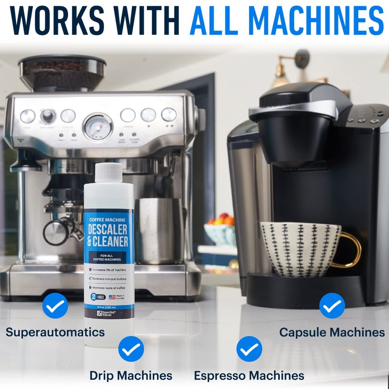 Essential Values Coffee Machine Descaler - 2 Uses - Descaling Solution for Nespresso Breville Keurig Jura & More - USA Made Cleaner For All Coffee Machines, Glass Pot Cleaner and Espresso Makers - Image 4