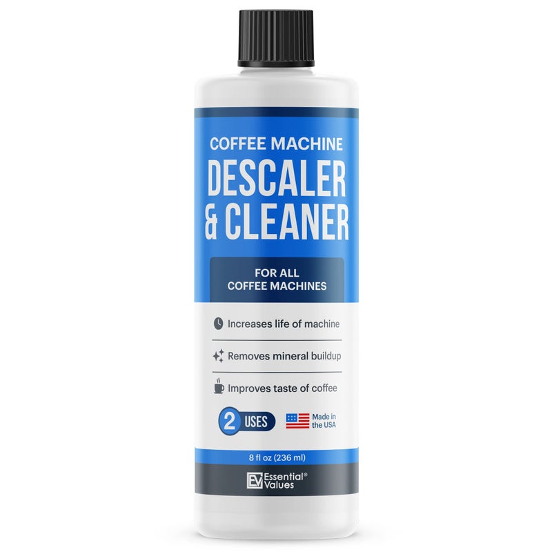 Essential Values Coffee Machine Descaler - 2 Uses - Descaling Solution for Nespresso Breville Keurig Jura & More - USA Made Cleaner For All Coffee Machines, Glass Pot Cleaner and Espresso Makers - Image 1