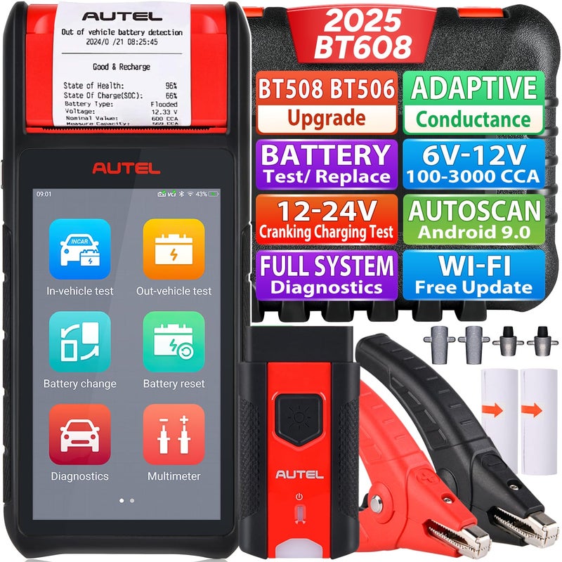 Autel جهاز اختبار بطارية أوتيل ماكسي باس BT608 ترقية لـ BT508 BT506 612V 1003000CCA جهاز اختبار البطارية لنظام التشغيل والشحن مع طابعة تقنية التوصيل التكيفية جميع التشخيصات مثل MK808S MX808S