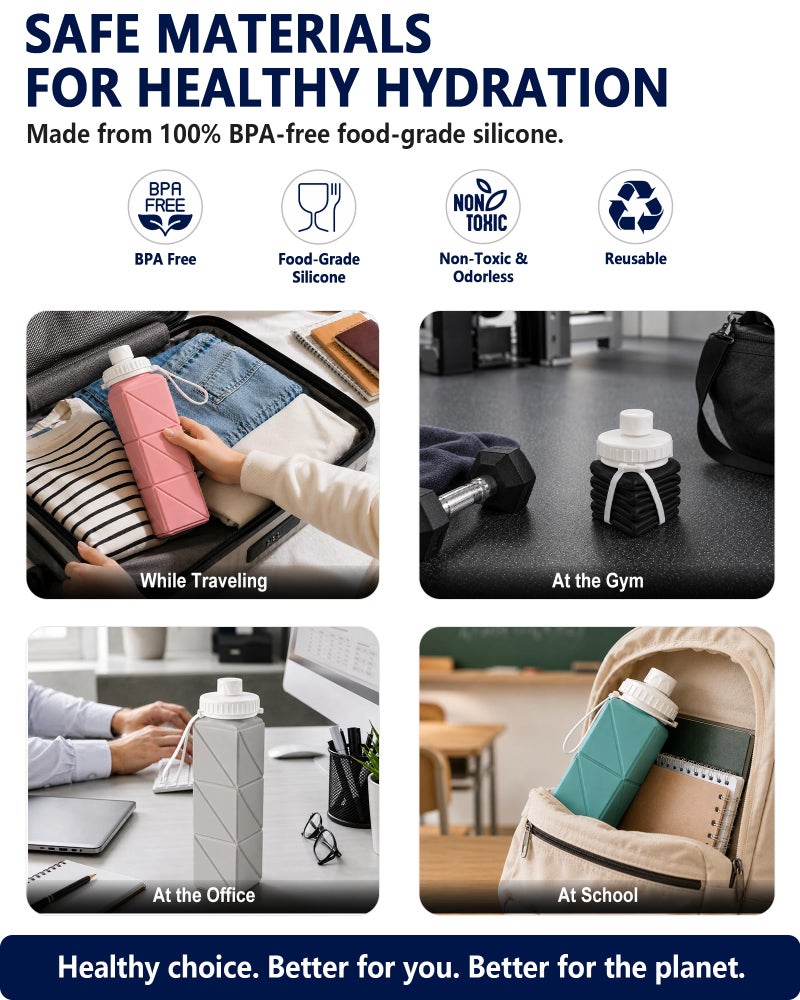 BEAUTAIL Collapsible Water Bottle 610 mL, Silicone Travel Water Bottle - Image 3
