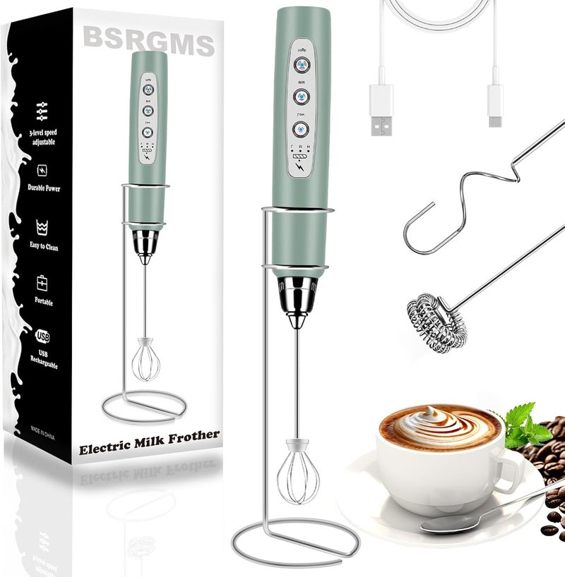 BSRGMS Milk Frother Handheld with Stand, Electric Whisk 3 Speed Adjustable, Drink Mixer with Stainless 3 Whisk, Rechargeable Hand Frother Wand, Foam Maker for Latte Cappuccino Matcha Egg Morandi Green - Image 1