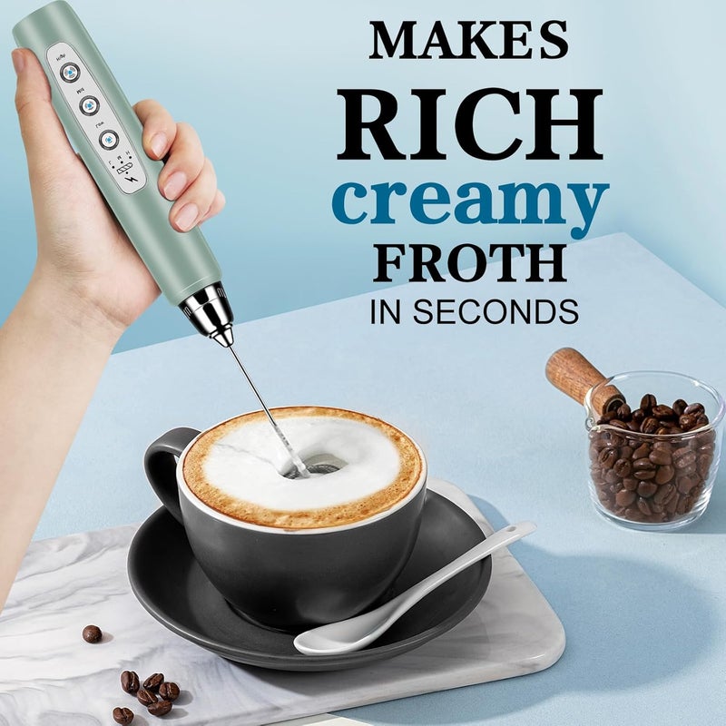 BSRGMS Milk Frother Handheld with Stand, Electric Whisk 3 Speed Adjustable, Drink Mixer with Stainless 3 Whisk, Rechargeable Hand Frother Wand, Foam Maker for Latte Cappuccino Matcha Egg Morandi Green - Image 5