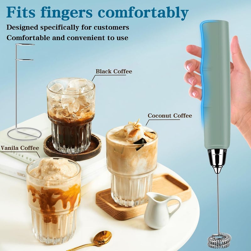 BSRGMS Milk Frother Handheld with Stand, Electric Whisk 3 Speed Adjustable, Drink Mixer with Stainless 3 Whisk, Rechargeable Hand Frother Wand, Foam Maker for Latte Cappuccino Matcha Egg Morandi Green - Image 4