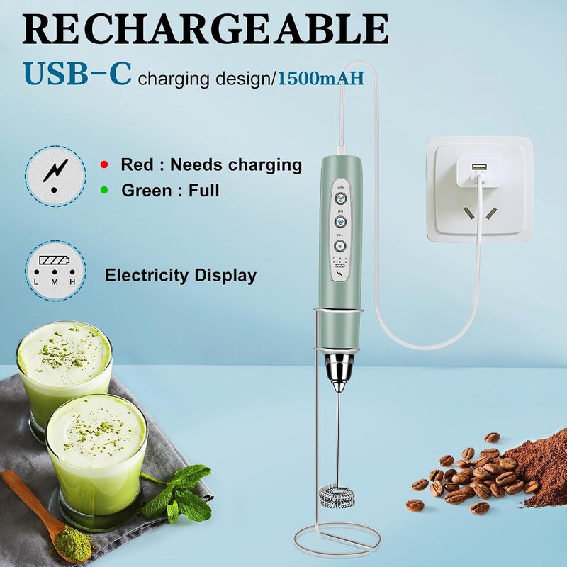 BSRGMS Milk Frother Handheld with Stand, Electric Whisk 3 Speed Adjustable, Drink Mixer with Stainless 3 Whisk, Rechargeable Hand Frother Wand, Foam Maker for Latte Cappuccino Matcha Egg Morandi Green - Image 2