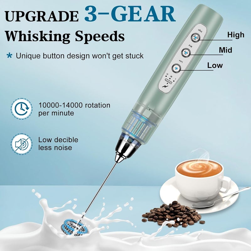 BSRGMS Milk Frother Handheld with Stand, Electric Whisk 3 Speed Adjustable, Drink Mixer with Stainless 3 Whisk, Rechargeable Hand Frother Wand, Foam Maker for Latte Cappuccino Matcha Egg Morandi Green - Image 3