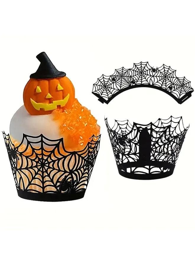 10Pcs Black Halloween Cupcake Wrappers Spider Web Witch Design Laser Cut Paper Baking Cups - Image 2