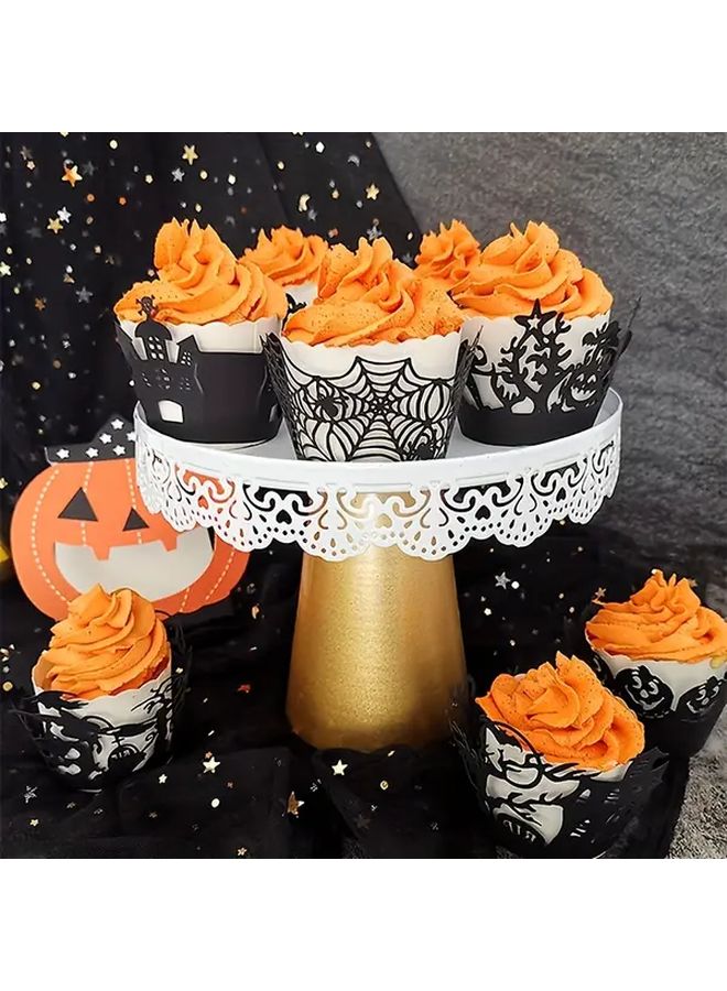 10Pcs Black Halloween Cupcake Wrappers Spider Web Witch Design Laser Cut Paper Baking Cups - Image 4