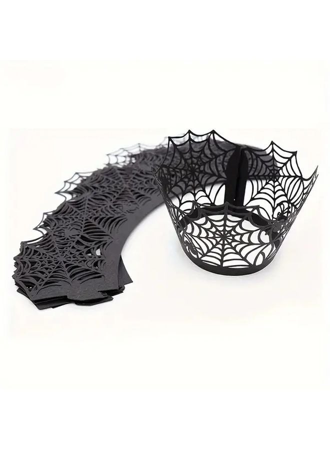 10Pcs Black Halloween Cupcake Wrappers Spider Web Witch Design Laser Cut Paper Baking Cups - Image 1