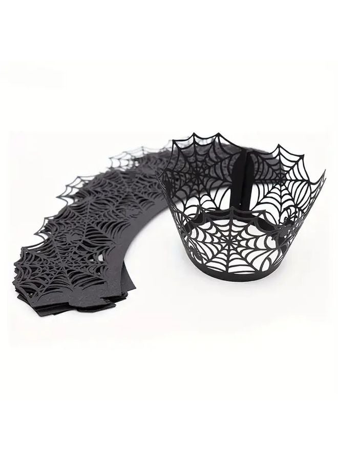 10Pcs Black Halloween Cupcake Wrappers Spider Web Witch Design Laser Cut Paper Baking Cups - Image 3