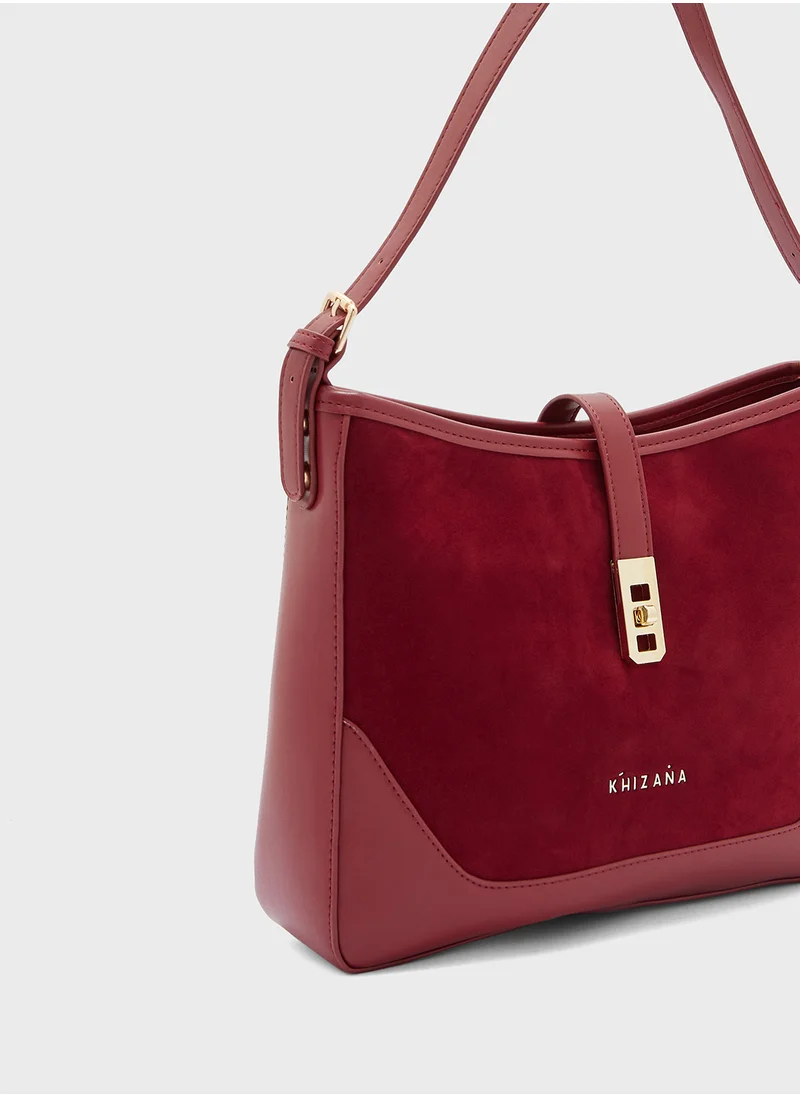 Khizana Clasp Detail Velvet Shoulder Bag