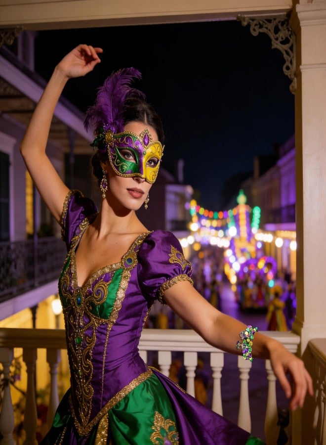 NLCAC Mardi Gras Bracelets Fleur De Lis Mask Corwn Charm Beaded Stretchy Bracelet Mardi Gras Accessories (3 charm bracelets) - Image 2