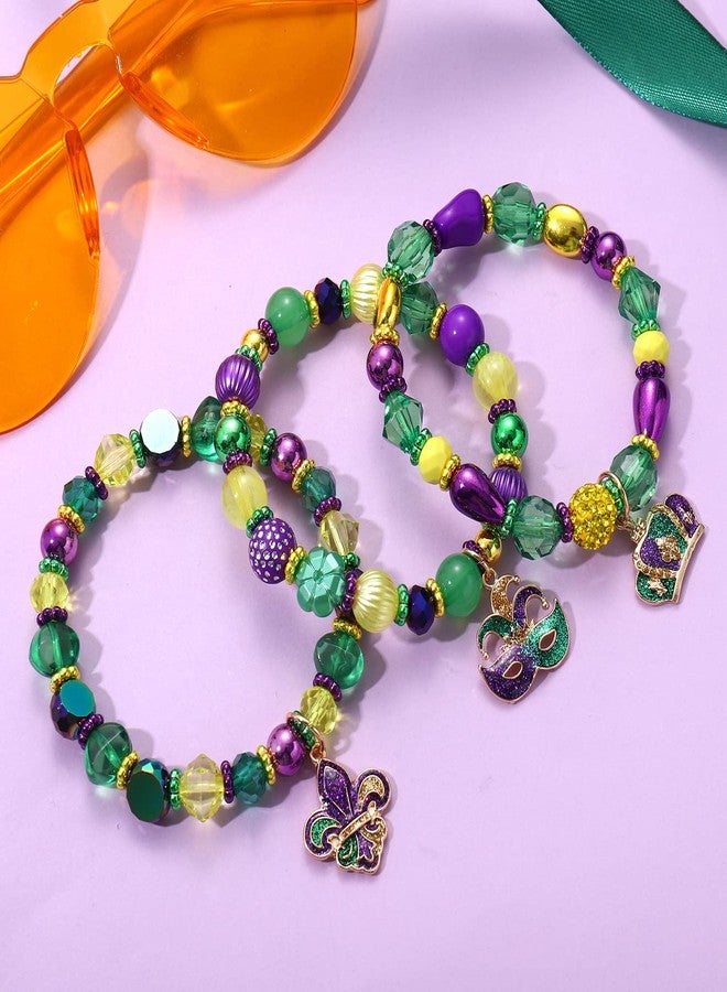 NLCAC Mardi Gras Bracelets Fleur De Lis Mask Corwn Charm Beaded Stretchy Bracelet Mardi Gras Accessories (3 charm bracelets) - Image 5