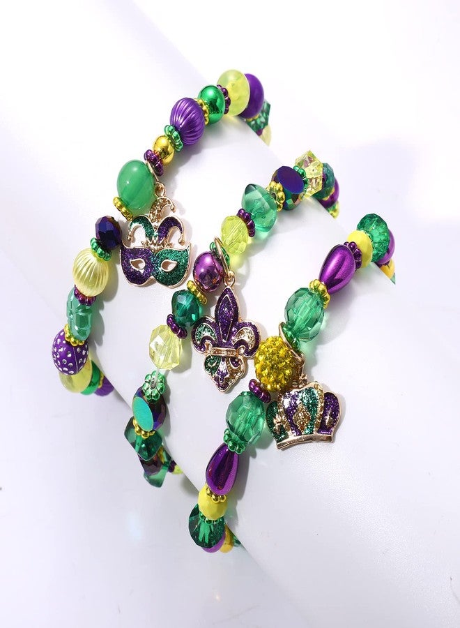 NLCAC Mardi Gras Bracelets Fleur De Lis Mask Corwn Charm Beaded Stretchy Bracelet Mardi Gras Accessories (3 charm bracelets) - Image 4