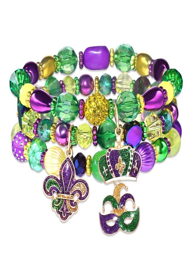 NLCAC Mardi Gras Bracelets Fleur De Lis Mask Corwn Charm Beaded Stretchy Bracelet Mardi Gras Accessories (3 charm bracelets) - Image 1