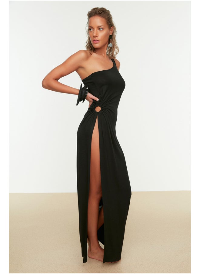 trendyol - Black Fitted Maxi Knitted Slit One Shoulder Beach Dress TBESS22EL0706 - Image 1