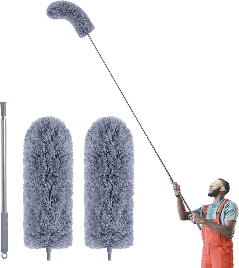 IVYROLL Local trackable shipment Duster with Extension Pole for Cleaning (2 Microfiber Heads Kit), 100" Long Feather Duster for High Ceilings with Washable Head, Cleaning Supplies for Housekeeping, Ceiling Fan, Furniture General need oriented design - Image 1