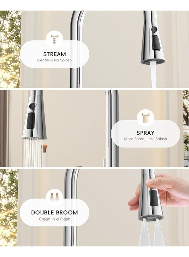 TASVORA Kitchen Faucet with Pull Down Sprayer | Chrome Single Handle | Kitchen Mixer with 3 Water Modes | Stainless Steel Kitchen Taps - Image 3