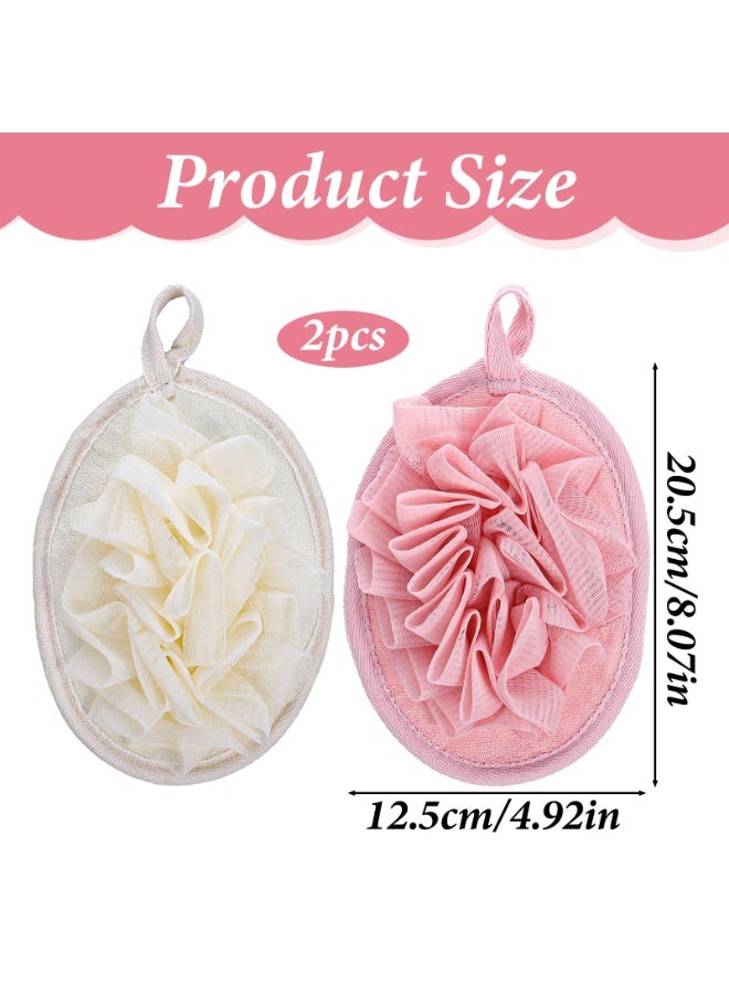 2pcs Lightweight Washable Mesh Loofah Shower Puff Elastic Hand Strap Exfoliating Body Sponge for Travel Home Sensitive Skin Pink Beige - Image 2
