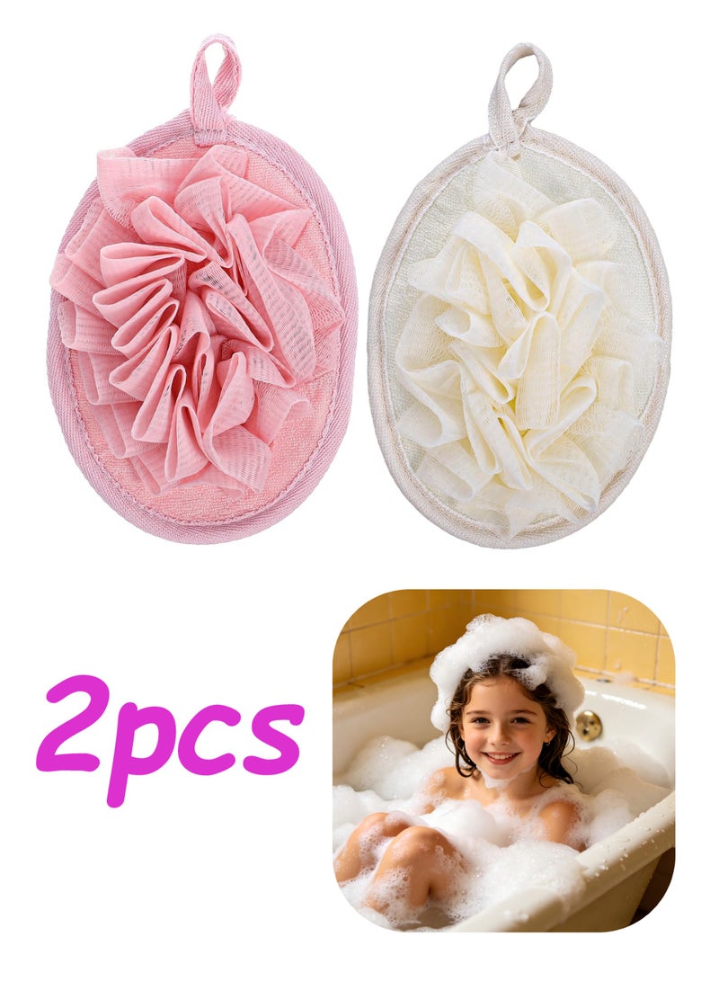 2pcs Lightweight Washable Mesh Loofah Shower Puff Elastic Hand Strap Exfoliating Body Sponge for Travel Home Sensitive Skin Pink Beige - Image 1