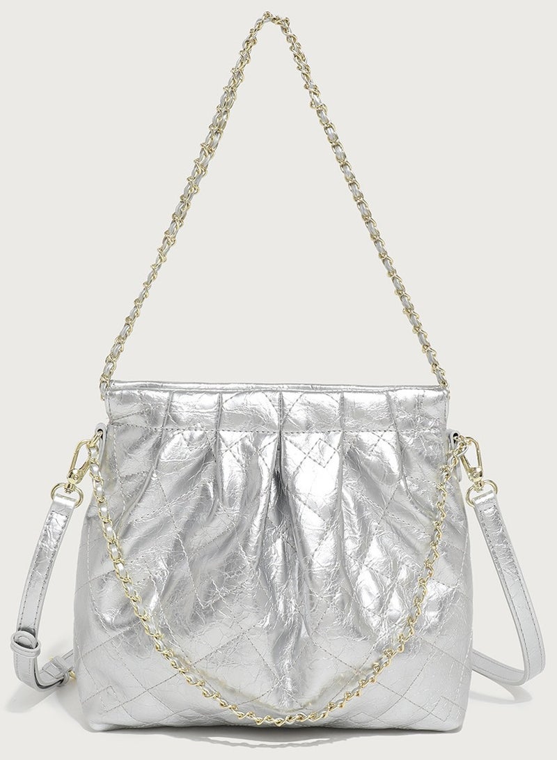 Loquat Small Bucket Bag for Women Simple Style Hobo Single Shoulder Crossbody Bag Handbag Silver  - Image 1