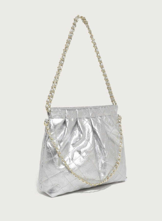 Loquat Small Bucket Bag for Women Simple Style Hobo Single Shoulder Crossbody Bag Handbag Silver  - Image 3