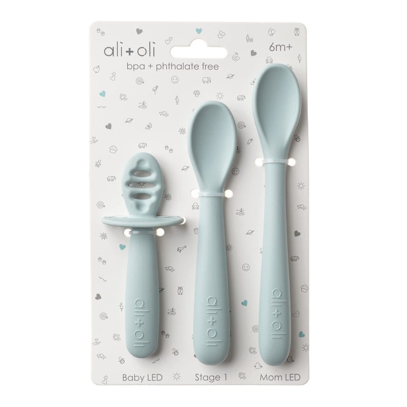 Ali+Oli (3pc) Silicone Spoon Set for Baby (Blue) Unbreakable Baby Spoons, Self Feeding Utensils, Multi-stage Design, Ergonomic Handle - Image 1