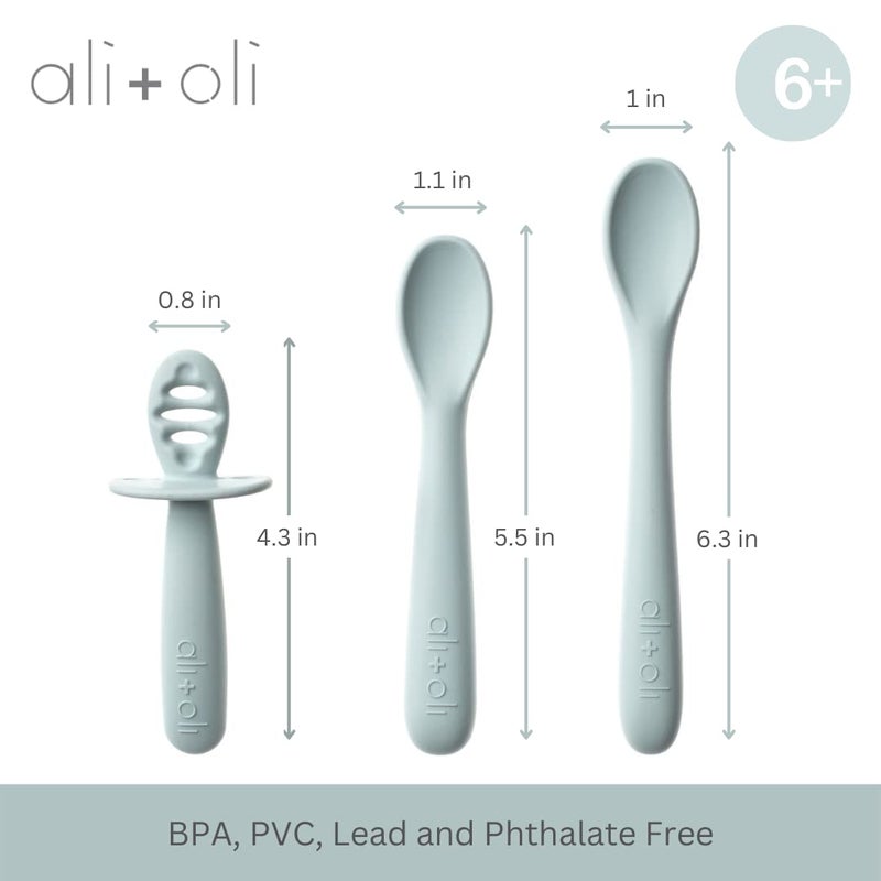 Ali+Oli (3pc) Silicone Spoon Set for Baby (Blue) Unbreakable Baby Spoons, Self Feeding Utensils, Multi-stage Design, Ergonomic Handle - Image 3