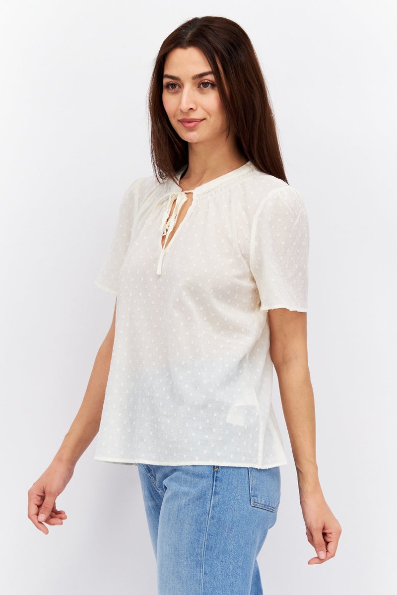 ESPRIT بلوزة قصيرة الأكمام بتصميم عنق مربوط للنساء، كريمي - Image 3