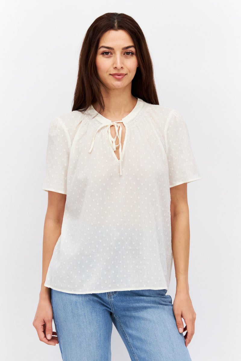 ESPRIT بلوزة قصيرة الأكمام بتصميم عنق مربوط للنساء، كريمي - Image 1