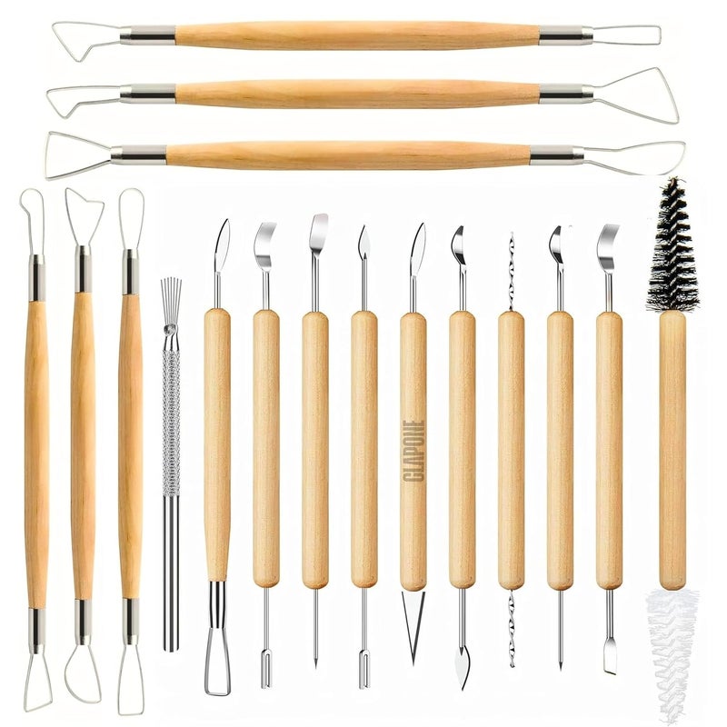 CLAPONE Wooden Handle Clay Pottery Sculpting Tools/Pottery Tool/Pottery Tools Kit for Clay/Sculpture/Tools for Art and Craft/Ceramic Modeling Tool/Crafting Supplies (17PC Double-Sided Clay Sculpting) - Image 1
