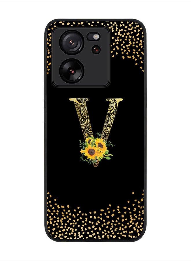 Stylizedd Rugged Black Edge case for Xiaomi 13T / Xiaomi 13T Pro, Slim fit Soft Case Custom Monogram Initial Letter Mandala Floral Pattern Alphabet-V (Black) - Image 1