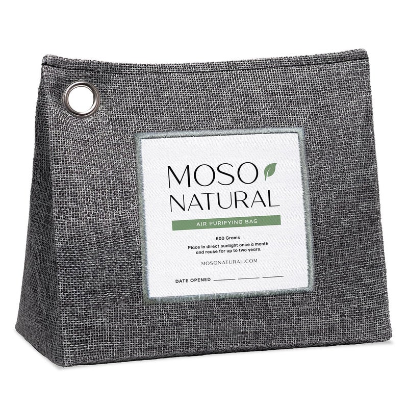 MOSO NATURAL حقيبة ماسو الطبيعية لتنقية الهواء كبيرة 600 جرام (21 أونصة) ماص للروائح من الفحم البامبو خالي من العطور. للمطبخ، غرفة النوم، القبو، الغرف الكبيرة. تصميم فاخر قائم بذاته. عمر افتراضي سنتين. - Image 1