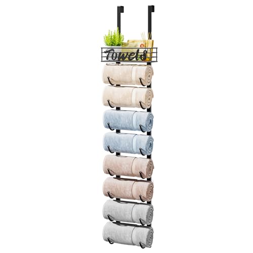 HapiRm Towel Racks for Bathroom Storage - 9 Tier Over The Door & Wall Mount Rolled Towel Storage Organizer Holder with Metal Shelf Basket for Small Bathroom, Camper, Rv - Black, Patented - Image 1