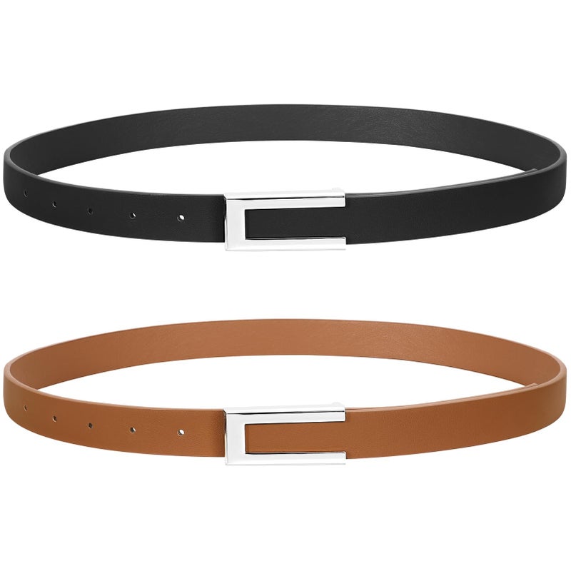 SUOSDEY 2 Pack Women Skinny Leather Belts for Dress Jeans Belt for Women with Silver Buckle,Width 0.9" - Image 1