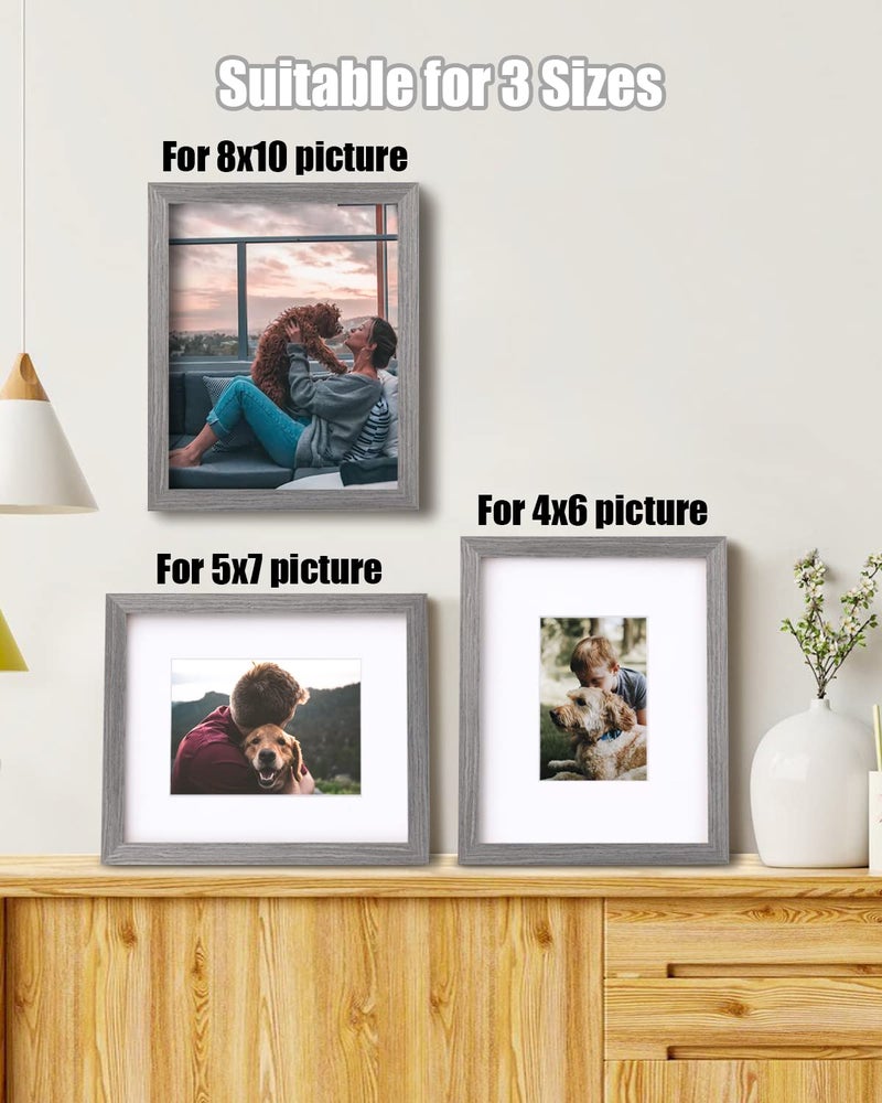 Egofine Egofine 8x10 Picture Frames Made of Solid Wood with Plexiglass  Display Pictures 4x6/5x7 with Mat or 8x10 Without Mat Set of 4 for Tabletop and Wall Mounting  Light Grey  - Image 5
