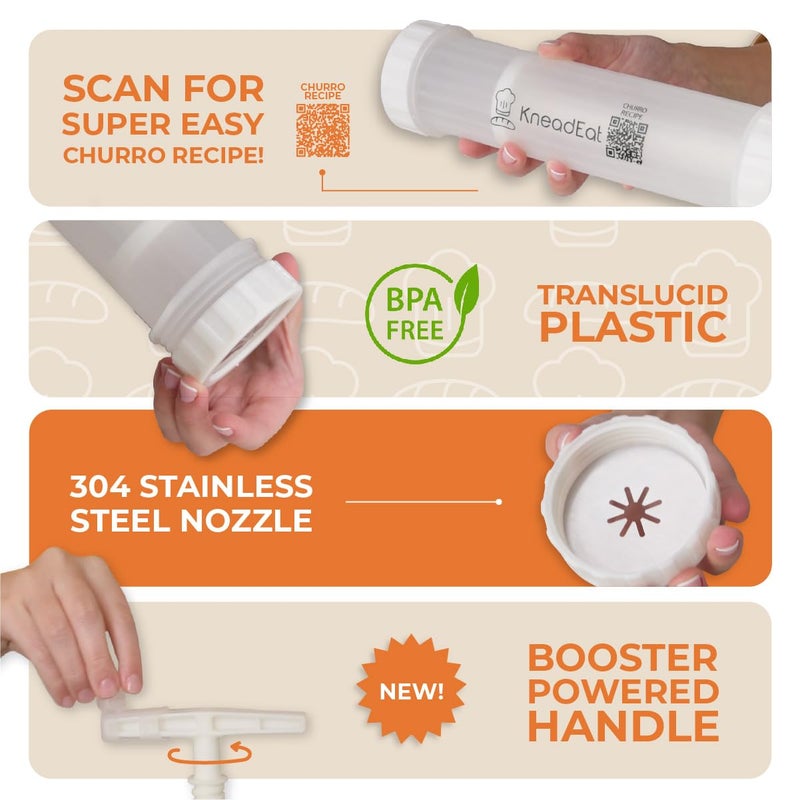 KneadEat Churro Maker Kit with Booster-powered Handle. Churrera and Piping Bag Churros Filler. Easy QR-Recipe to Prepare and Fill Your Own Churros at Home - KneadEat Cookie press - Churro press. - Image 4