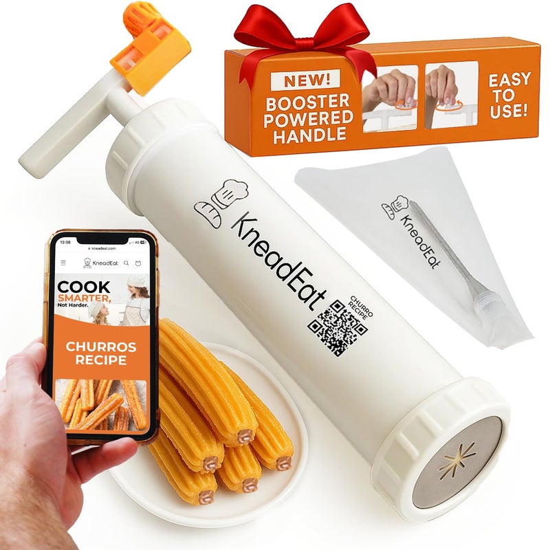 KneadEat Churro Maker Kit with Booster-powered Handle. Churrera and Piping Bag Churros Filler. Easy QR-Recipe to Prepare and Fill Your Own Churros at Home - KneadEat Cookie press - Churro press. - Image 1