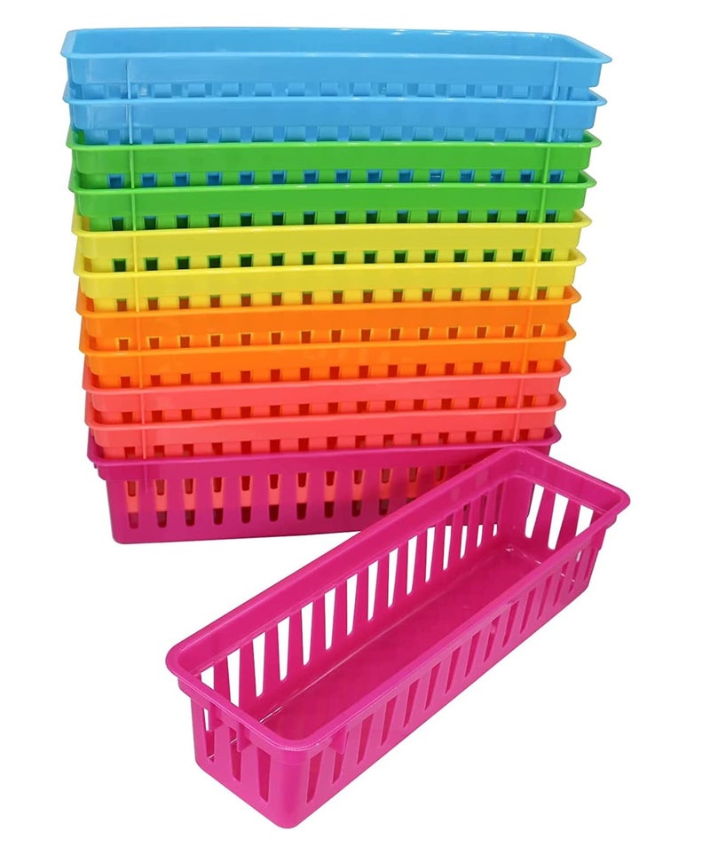 RAUVOLFIA 12 Pack Classroom Pencil Organizer Pencil Basket or Crayon Basket Small Pencil Holder Tray for Kids Desks Multicolored