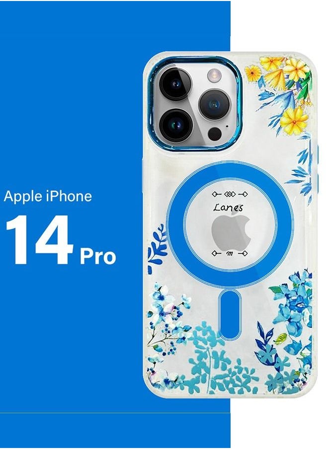 CATANES - Case for Apple iPhone 14 PRO Floral Design Fashion Flower Compatible with MagSafe & Wireless Charging Cover BLUE - Image 1