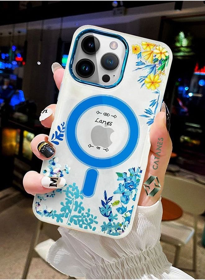 CATANES - Case for Apple iPhone 14 PRO Floral Design Fashion Flower Compatible with MagSafe & Wireless Charging Cover BLUE - Image 1