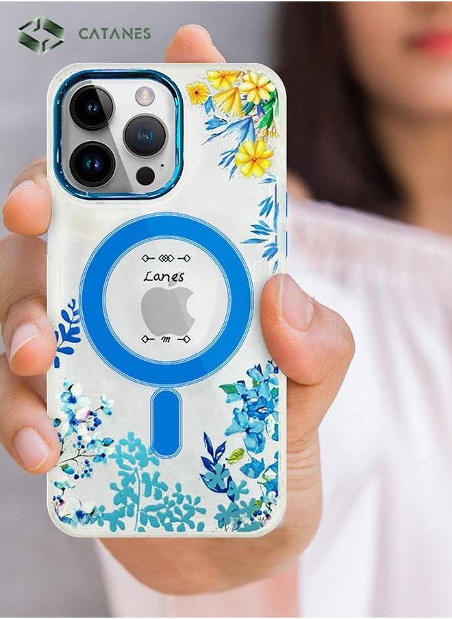 CATANES - Case for Apple iPhone 14 PRO Floral Design Fashion Flower Compatible with MagSafe & Wireless Charging Cover BLUE - Image 1