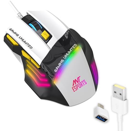 Ant Esports GM100 V2 Optical Gaming Mouse,7 Button Wired USB Mouse, 4000 FPS Sensor, 3600 DPI, RGB Lighting,1.5m PVC Cable, Ergonomic Design, for Windows PC, Laptop,Gaming & Office Use- Black & White - Image 1