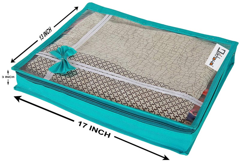 DIKHAWA 12 Piece Transparent View Non Woven Flower Design Attractive bow Saree Cover Storage Bags, Cloth Cover, 80gsm fabric (17X13X3 IN_GREEN) - Image 3