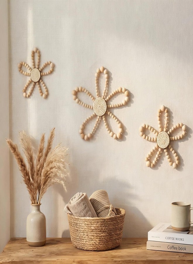 AceOrbit 3 Pcs Bead Daisy Flower Macrame Wall Hanging Set, Boho Nursery Daisy Wall Decor, Bohemian Nursery Decorations for Home Bedroom Dorm Art, Farmhouse Bathroom Decorations Housewarming Gifts - Image 1