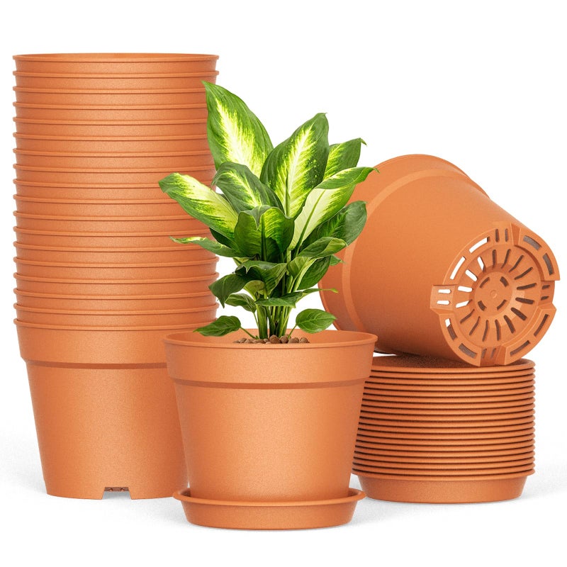 SwinDuck 20 Pack 6 Inch Plant Pots with Drainage and Saucers, Plastic Flower Pots for Indoor and Outdoor Plants, Stackable Nursery Planters for Houseplants and Herbs, Terracotta - Image 1